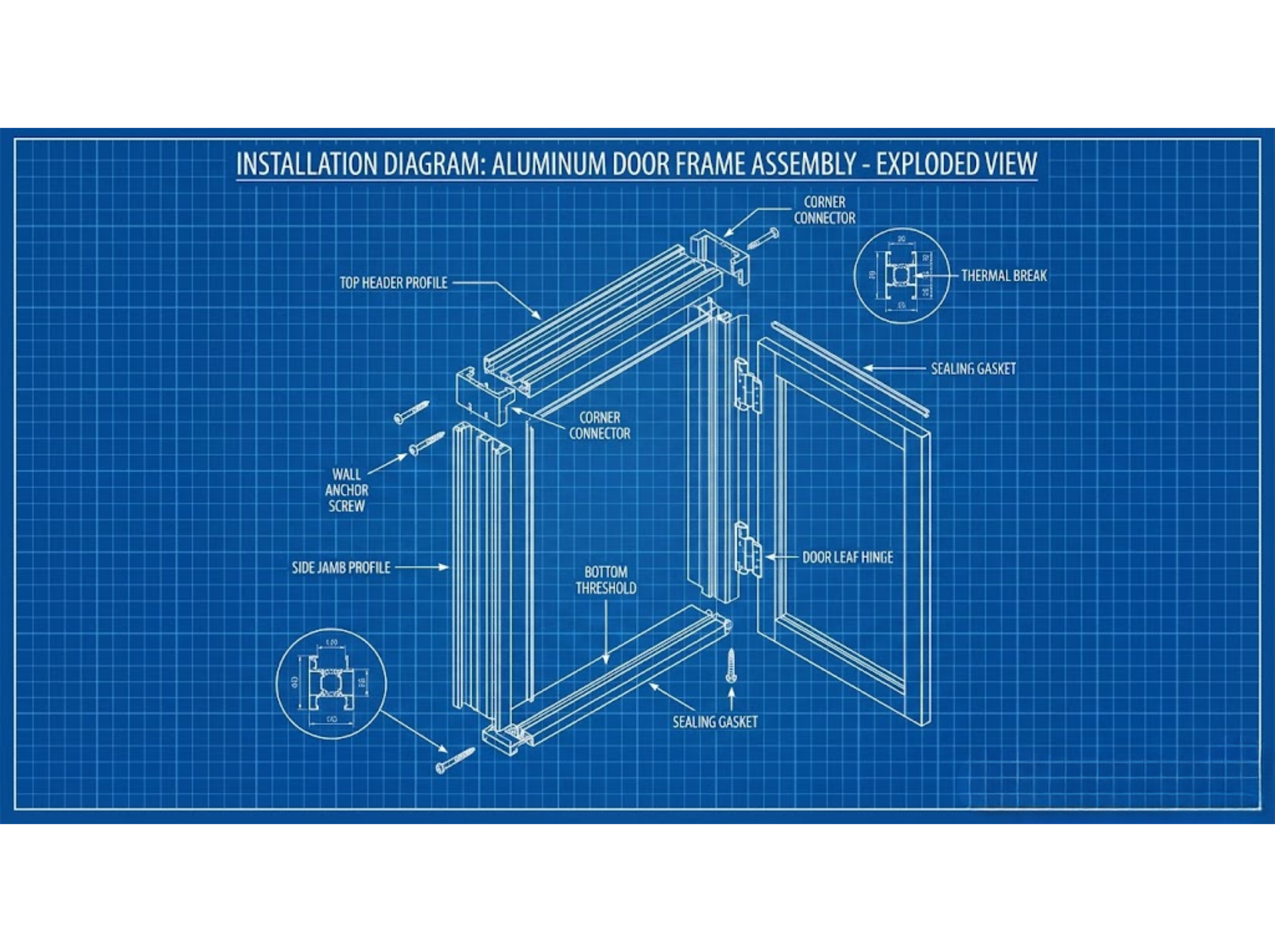 Exploded view diagram showing the assembly components of a custom aluminum door frame and corner connectors.
