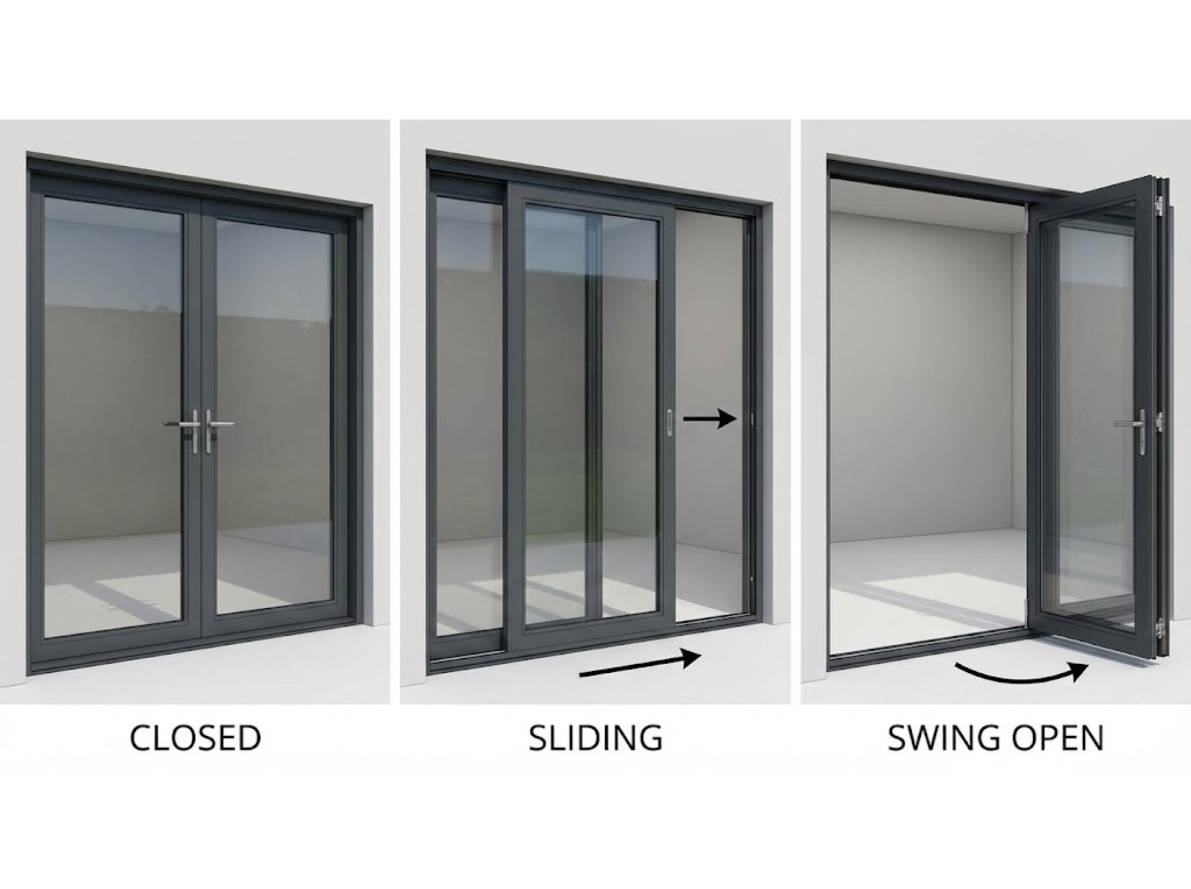 Animation demonstrating how a PT door slides open and then swings flat 180 degrees against the wall.