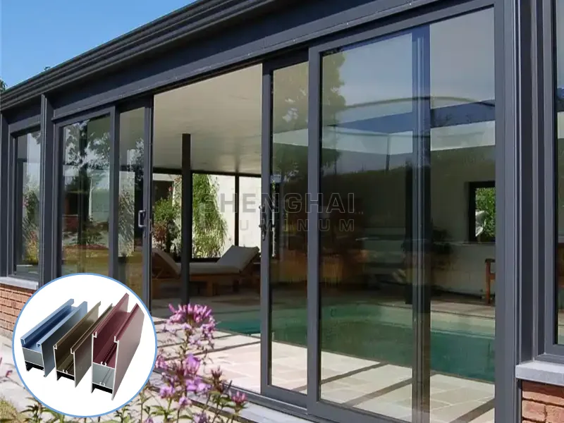 Exterior aluminum sliding glass doors facing a pool area, featuring an inset of custom anodized and powder-coated aluminum profile color samples.