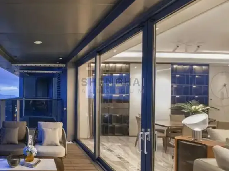 Large heavy-duty aluminum patio sliding doors connecting a modern living room to an outdoor balcony with high structural integrity.