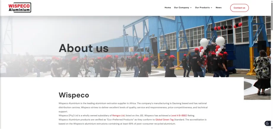 Technical audit screenshot of Wispeco (Crealco) official website showing standard residential aluminum systems in South Africa. Used for benchmarking against Shenghai 2500T industrial-grade extrusion precision for 2026 architectural tenders.