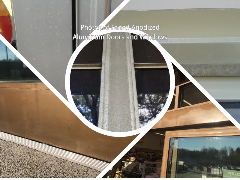 Severely faded and chalked anodized aluminum commercial window frames, real building weathering failure case
