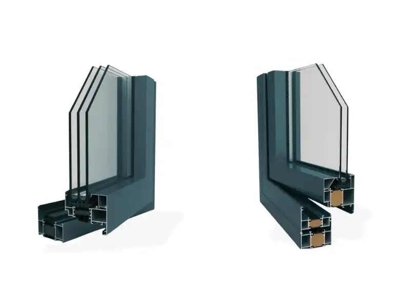 3D cross section of thermal break aluminum system window, double glazed insulated aluminum window profile for residential and commercial building projects, high performance energy saving window design
