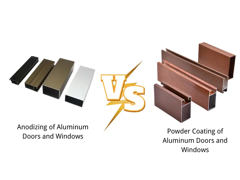 Left: Electrolytic colored anodized aluminum profiles for windows and doors; Right: Wood grain powder coated aluminum profiles. Core finish difference comparison for anti-fading performance in Middle East outdoor environment.