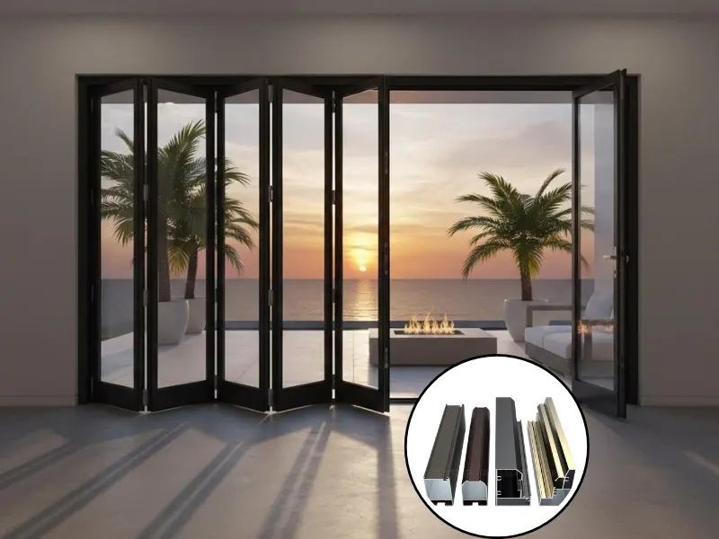 Premium AA20 grade electrolytic colored anodized aluminum bi-fold door for luxury coastal villa in Bahrain. Full panoramic view design delivers seamless indoor-outdoor connection, with natural metal texture, 10+ years anti-fading warranty under Middle East high UV and salt spray environment.