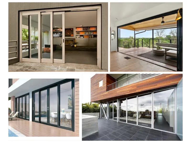 Modern aluminium stacking doors installed in South African residential homes, showing silver and black finishes for patio and pool areas