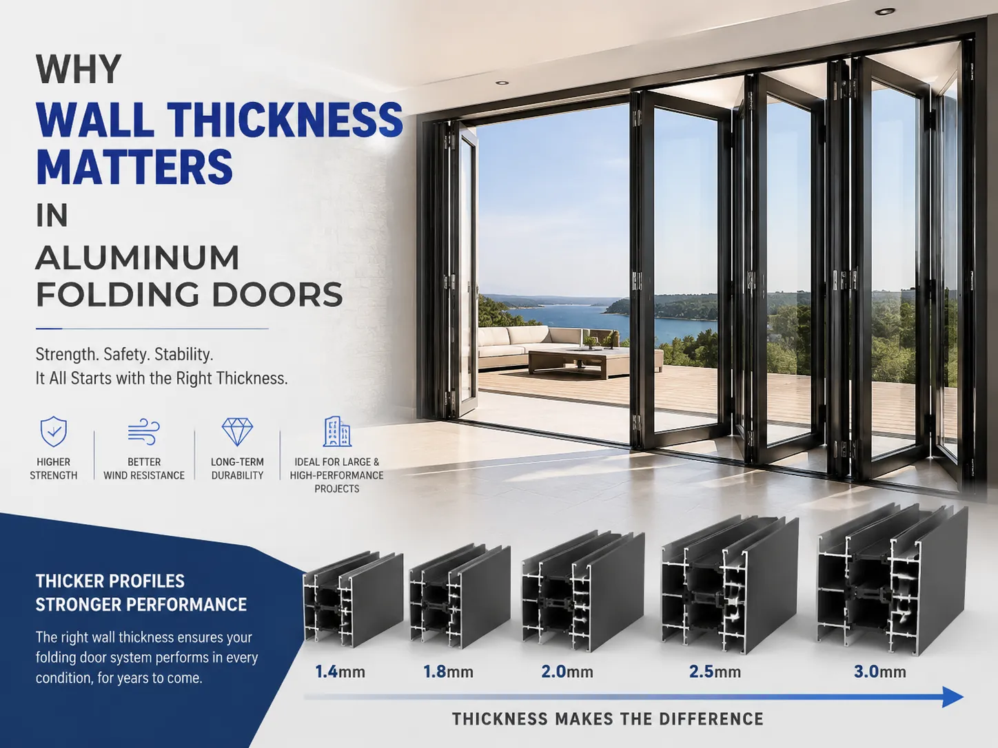 Comparison of 1.4mm to 3.0mm wall thickness profiles for black thermal break aluminum folding doors, showing strength and wind resistance benefits