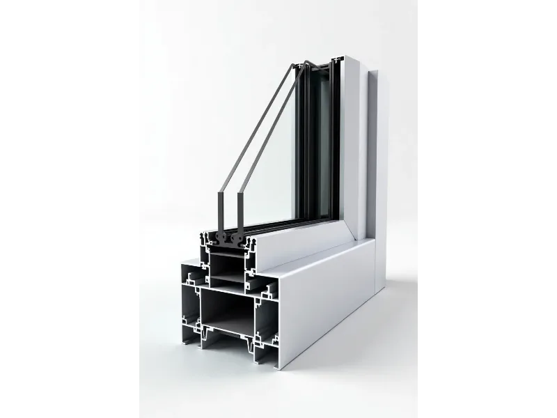 Cross-section diagram of the bottom rail and double-glazed glass installation for aluminum glass bifold doors, highlighting structural support blocks, drainage channels, and weather seals.