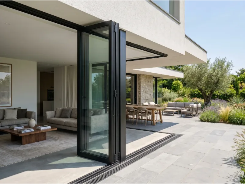 Modern villa exterior with fully opened black aluminum glass bifold doors connecting the indoor living room to a sunny outdoor patio and landscaped garden.
