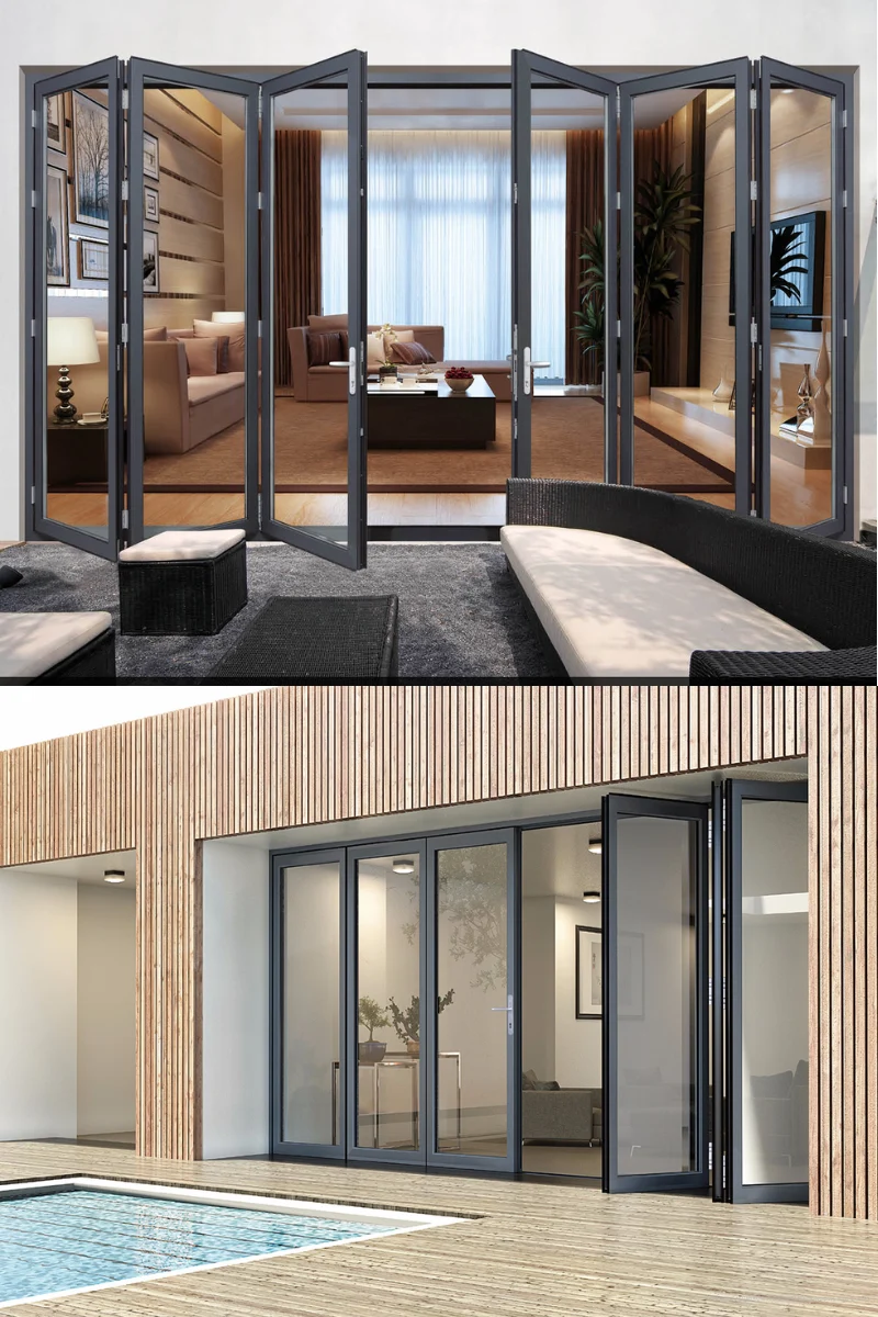 Shenghai Aluminum Group heavy duty aluminum folding doors with 6063-T5 profiles installed in a modern luxury villa next to a swimming pool.