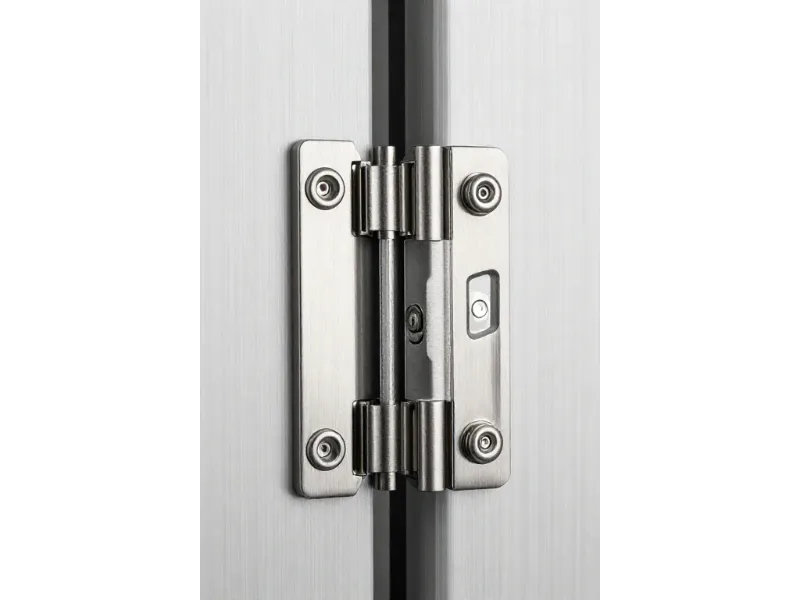 Close-up of a heavy-duty stainless steel hinge on an aluminum glass bifold door, featuring a 3-axis adjustable mechanism and robust industrial construction.