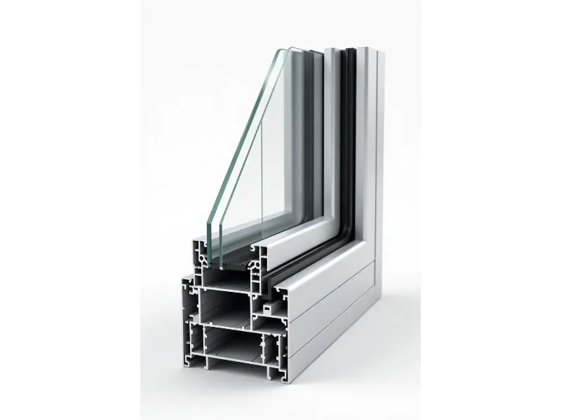 Close-up cross-section of a white aluminum glass bifold door edge profile, highlighting the glazing bead, weather strips, and multi-chamber aluminum extrusions.