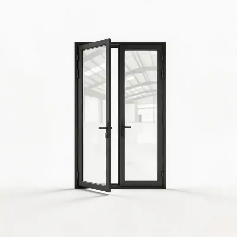 Double aluminum French doors with modern black frames and clear glass, partially opened to showcase the robust hardware.