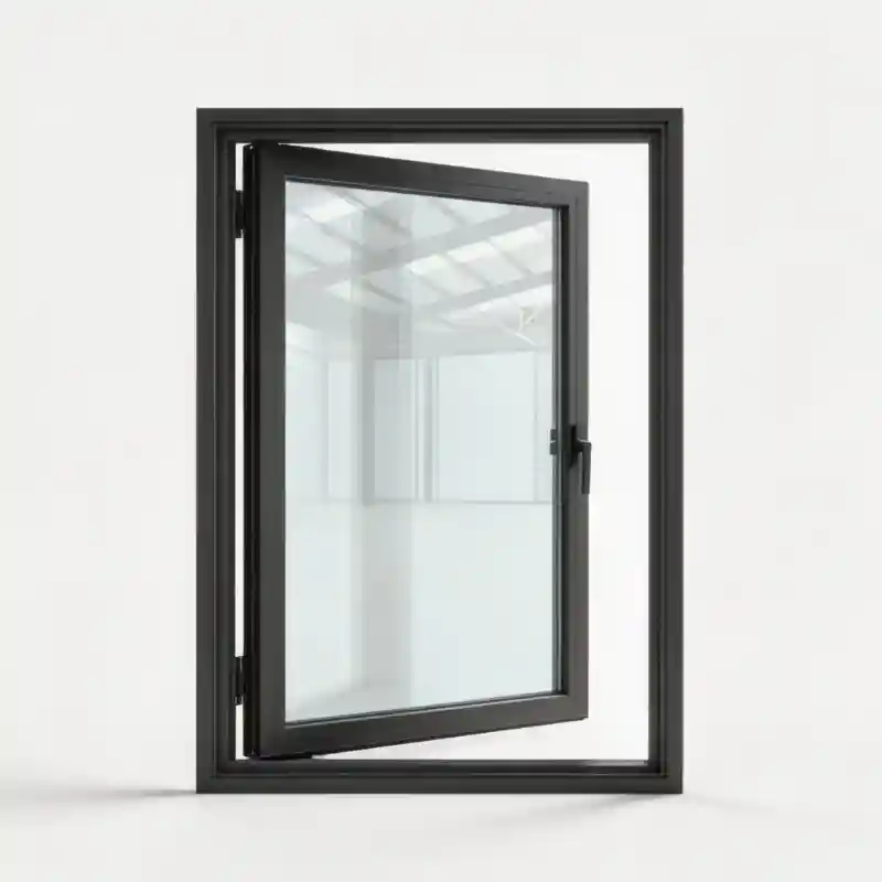Single panel black aluminum casement window opened outwards, featuring slim frames and clear glass.
