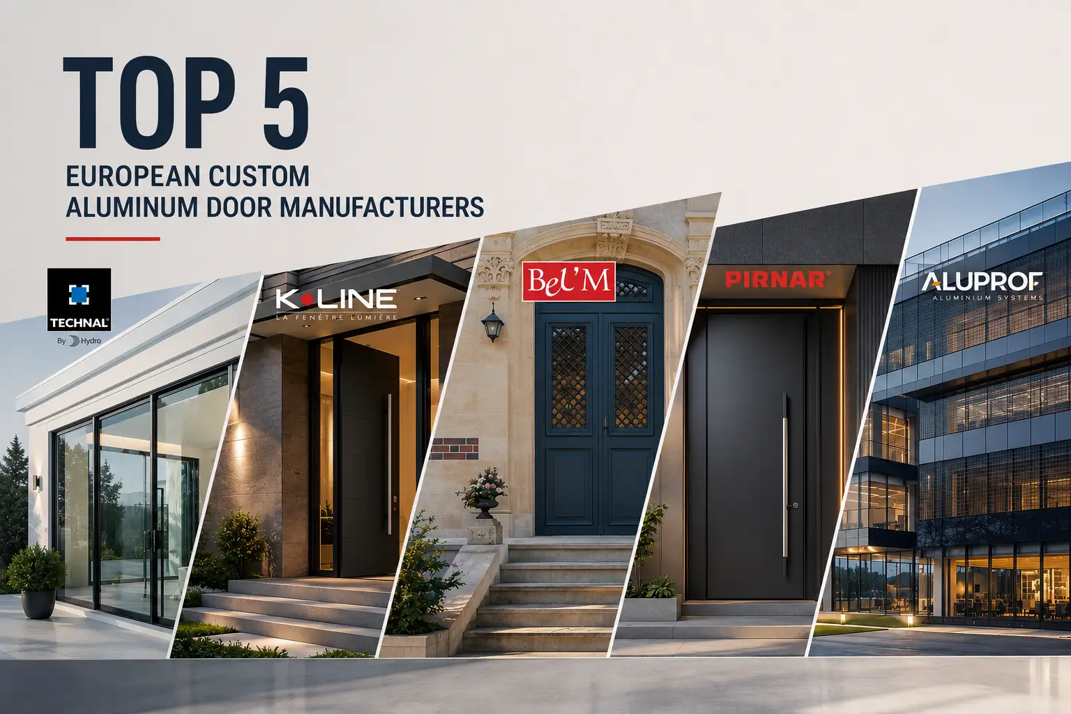 Collage featuring top 5 European custom aluminum door manufacturers: Technal, K-Line, Bel'M, Pirnar, and Aluprof.