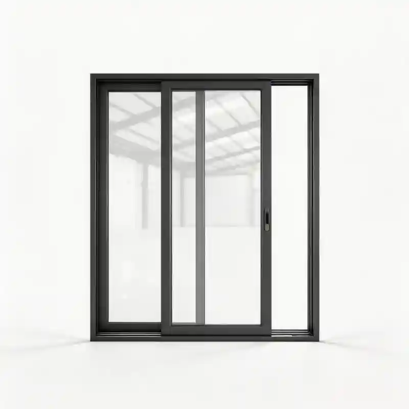 Ultra-slim frame aluminum sliding glass doors partially open, demonstrating smooth track operation and expansive views.