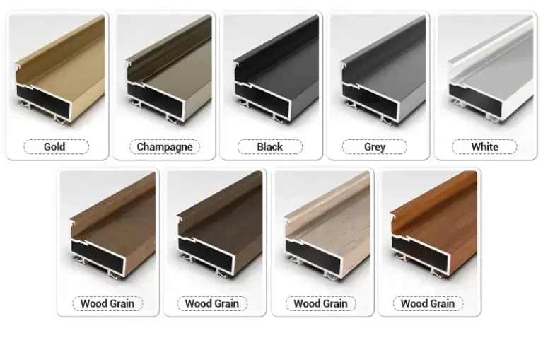 Color options and surface finishes for commercial aluminum profiles, featuring gold, champagne, black, grey, white, and multiple wood grain textures for bifold doors and windows.