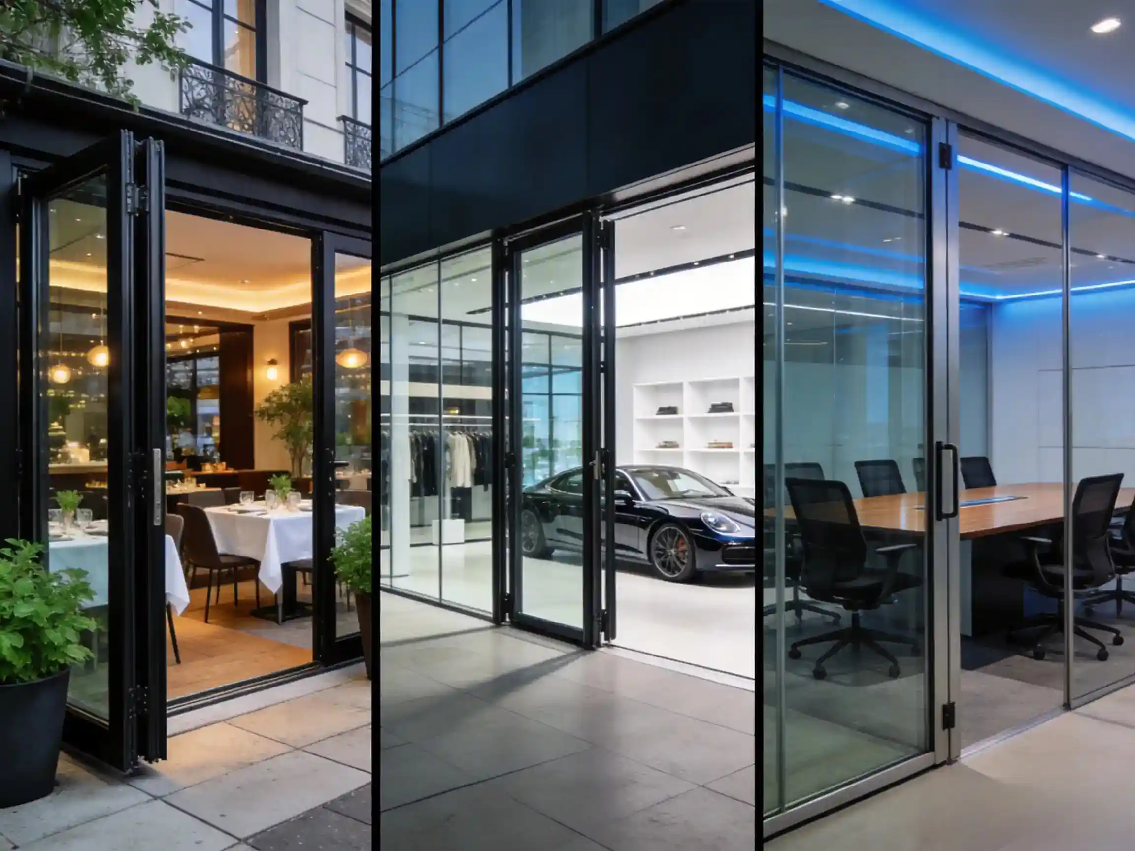 Collage demonstrating ideal applications of commercial aluminum folding doors in a luxury restaurant patio, a modern car showroom, and a corporate conference room.