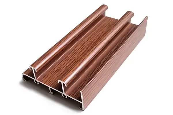Wood grain transfer aluminum profile showing natural textured finish for architectural decoration