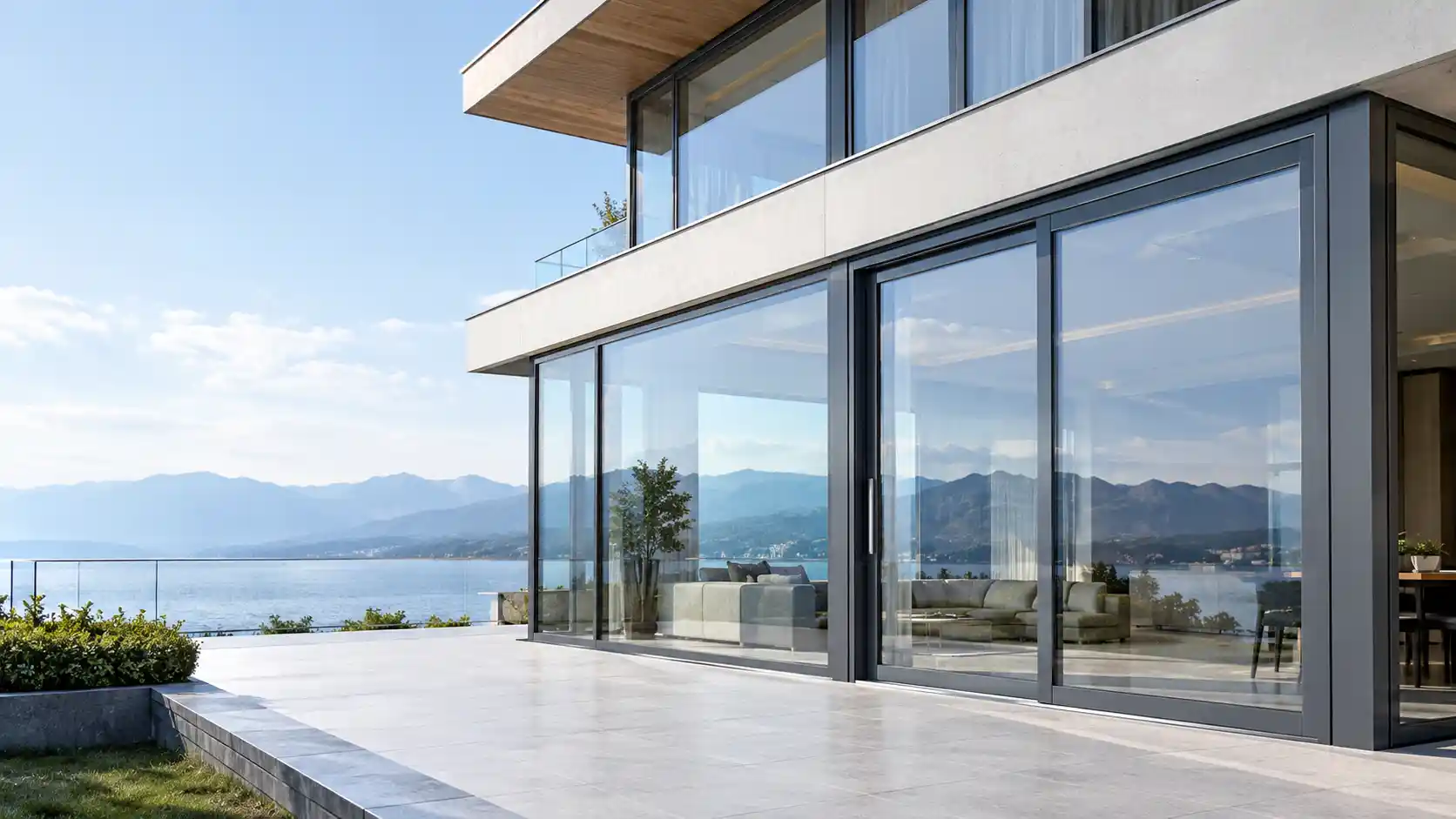 Large-span heavy-duty aluminum panoramic sliding doors installed in a modern luxury villa, demonstrating excellent wind load resistance and indoor-outdoor living design.
