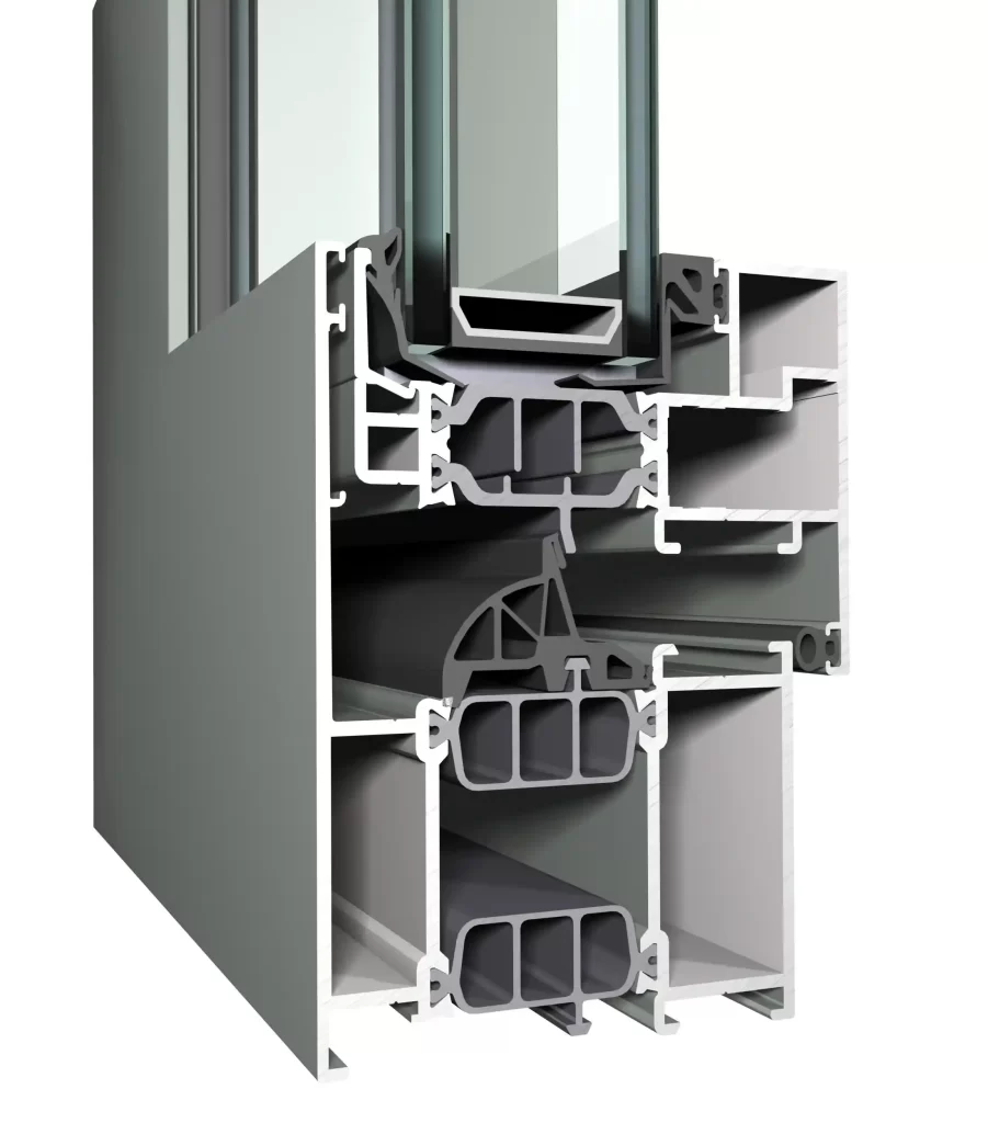 3D rendering of a multi-chamber aluminum window extrusion profile highlighting the central EPDM gasket and pressure equalization chamber for superior air tightness.