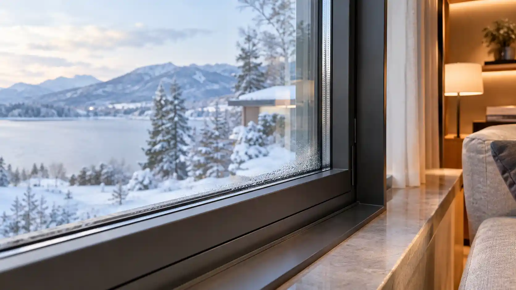 Condensation forming on the interior glass edge of a window during winter, illustrating the problem of thermal bridging and the need for high-performance thermal break profiles.
