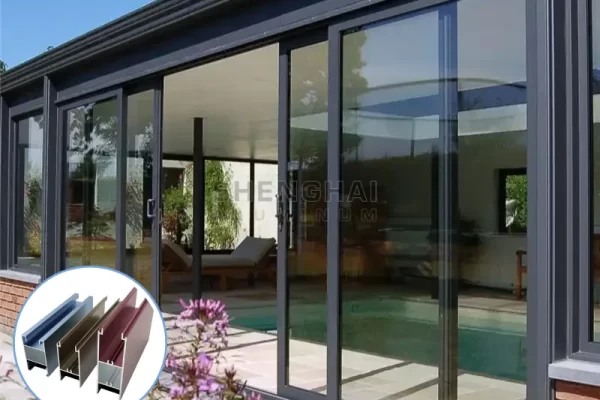 Exterior aluminum sliding glass doors facing a pool area, featuring an inset of custom anodized and powder-coated aluminum profile color samples.